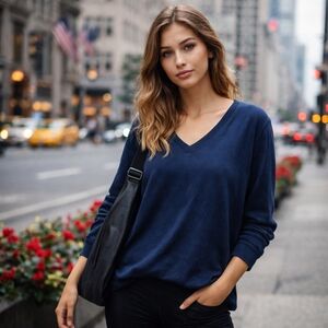 Athleta Navy Blue V-Neck Sweater | Soft Lightweight Cozy Athleisure Pullover Top